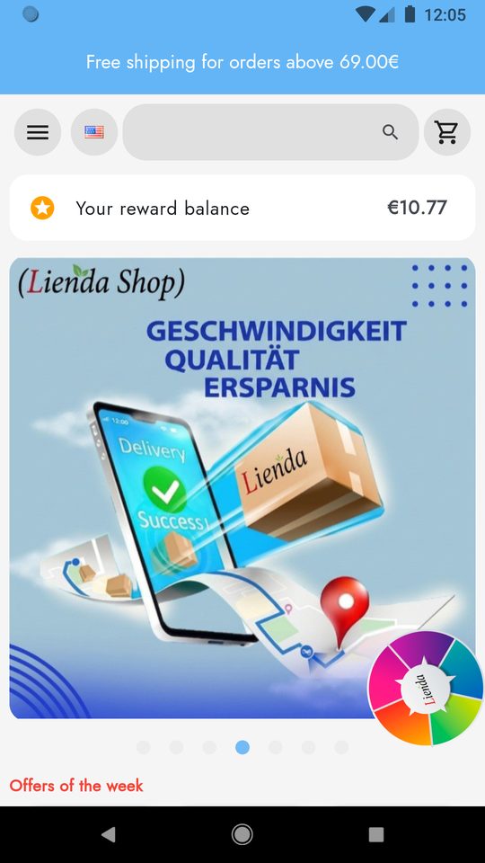 Startbildschirm der Lienda-Shop-App mit Punkteguthaben und Angeboten